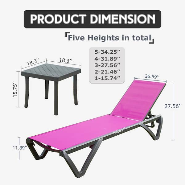 Set of 3 Aluminum Adjustable Stackable Outdoor Chaise Lounge in Rose Red Seat Beach Sunbathing Lounger with Side Table