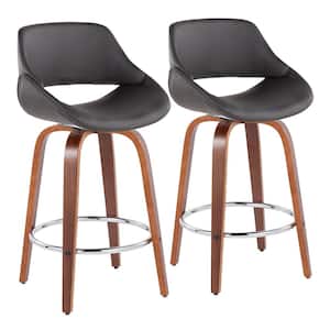 Fabrico 38 in. Grey Faux Leather and Walnut Wood High Back Counter H Bar Stool with Round Chrome Footrest (Set of 2)
