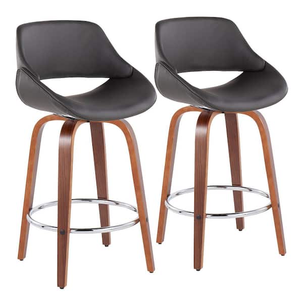 Lumisource Fabrico 38 in. Grey Faux Leather and Walnut Wood High Back Counter H Bar Stool with Round Chrome Footrest (Set of 2)