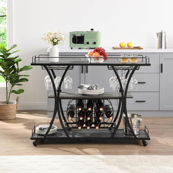 Tatayosi Black Plus Gray Kitchen Bar and Serving Cart with Wheels 3-Tier Storage Shelves