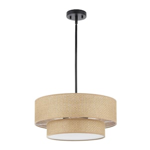 18 in. 4-Light Tan Drum Shaded Chandelier with 2-Tier Fabric Shade