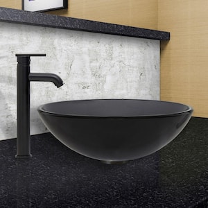 Glass Vessel Sink in Sheer Black and Seville Faucet Set in Matte Black