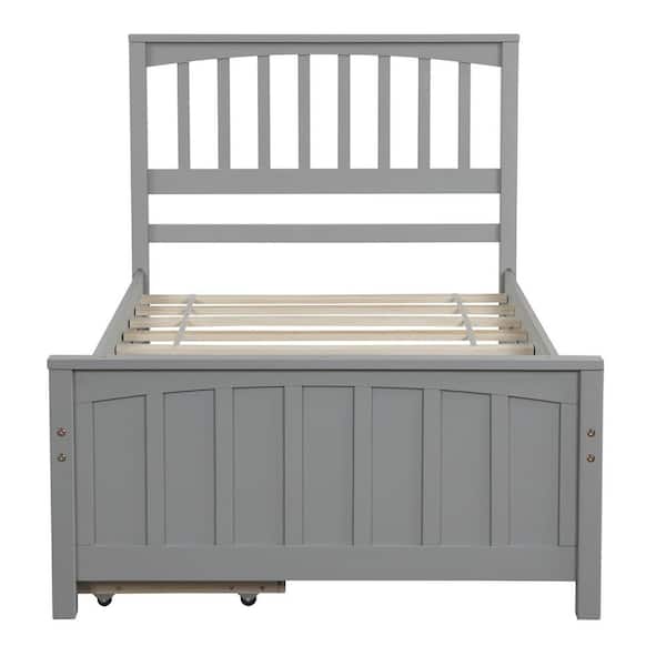 ANBAZAR Twin Size Gray Wood Platform Bed with Two Drawers, Solid Kids Bed Frame with Under Bed Drawers, No Box Spring Needed