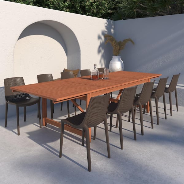 Amazonia Fiji 11-Piece Eucalyptus Wood And Resin Patio Rectangular Dining Table Set Ideal for Outdoors, Brown
