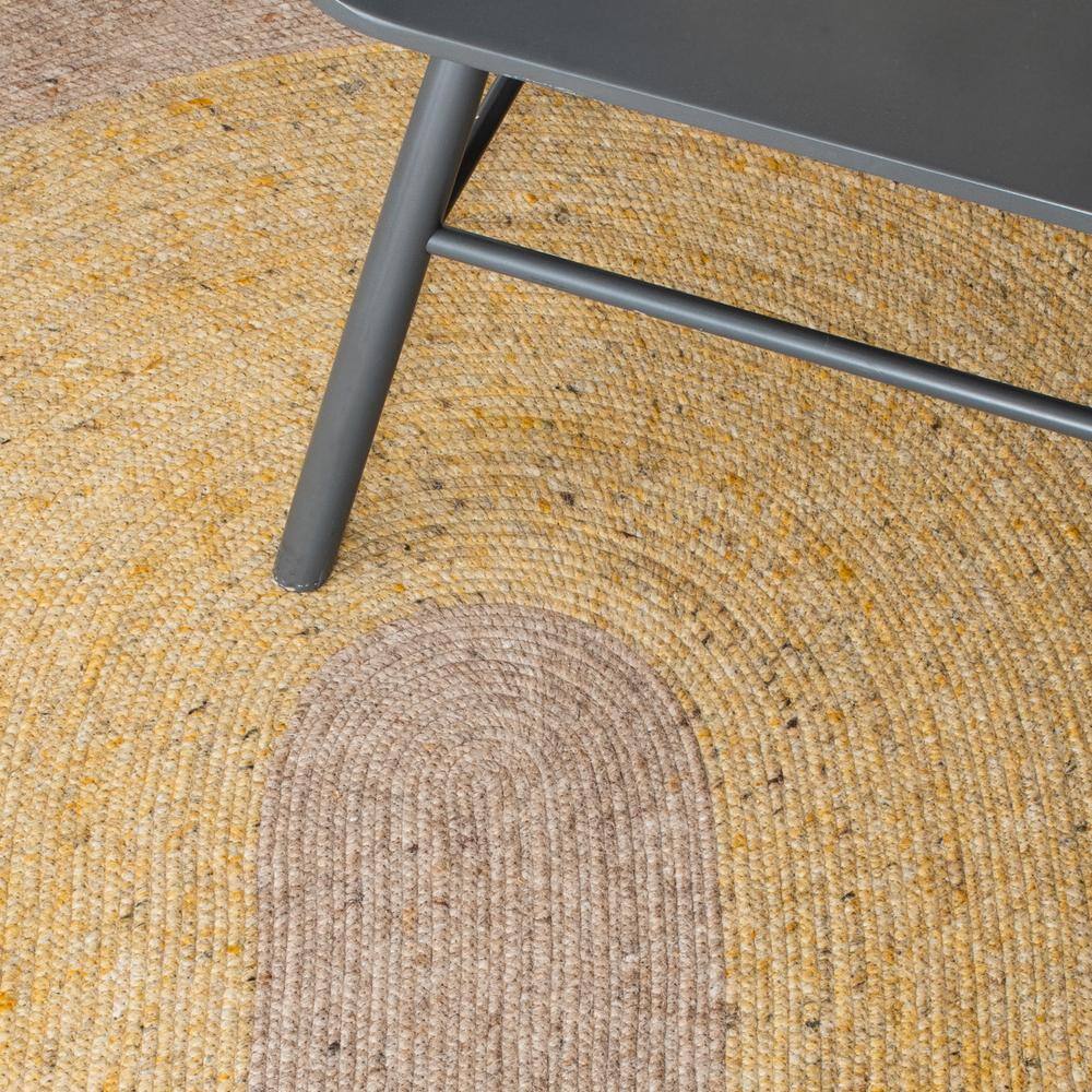 Handmade Gold and Beige Round Wool Braided Rug