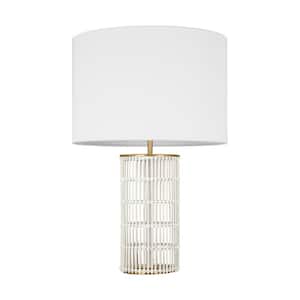 Elio 24.5 in. Burnished Brass Table Lamp with White Natural Bamboo Base, White Linen Fabric Shade and LED Light Bulb