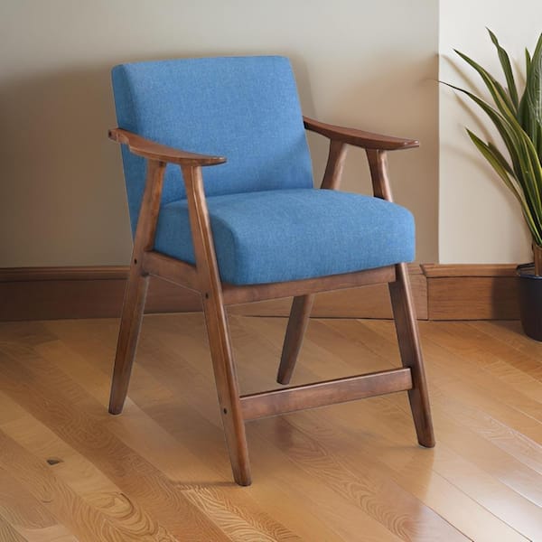 Benjara 31.25 in. Blue and Brown Low Back Wood Frame Bar Stool with Fabric Seat
