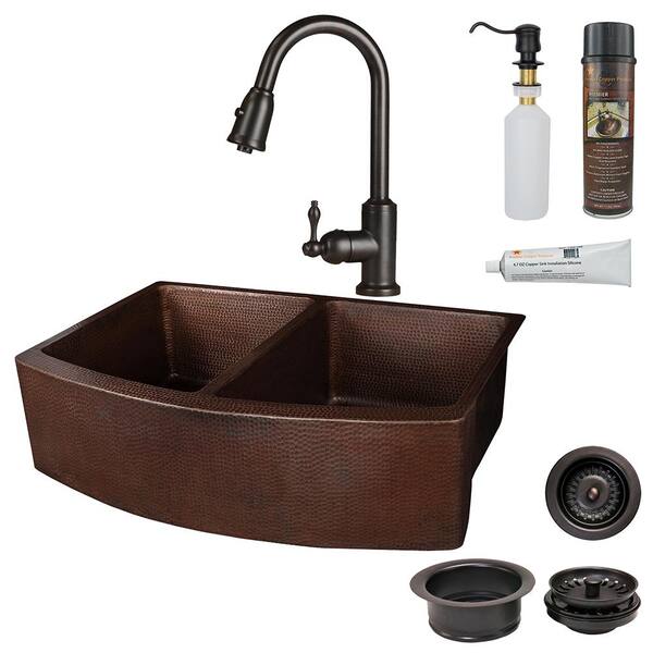 Premier Copper Products All-in-One Apron Front Copper 33 in. 50/50 Double Bowl Kitchen Rounded Apron Sink with Faucet in Oil Rubbed Bronze