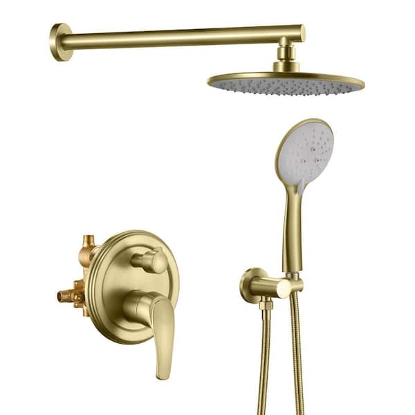1-Spray 9 in. Wall Mount Dual Shower Head and Handheld Shower Head with Handheld Shower in Brushed Gold