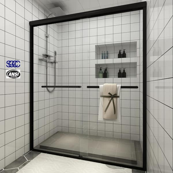 TOOLKISS 56 in. - 60 in. W x 72 in. H Sliding Framed Shower Door in Matte Black with Clear Glass