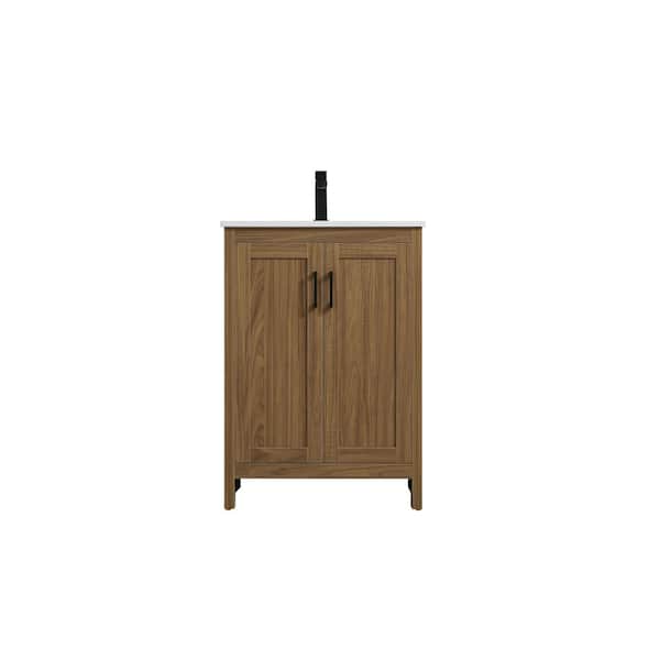24 in. Single Sink Walnut Brown Bath Vanity with White Engineered Marble Top
