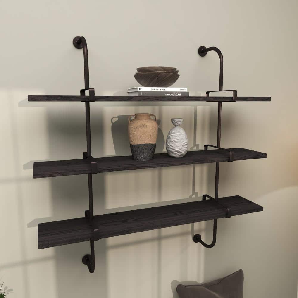 Sleek Gray 38" Industrial Wood Floating Wall Shelf