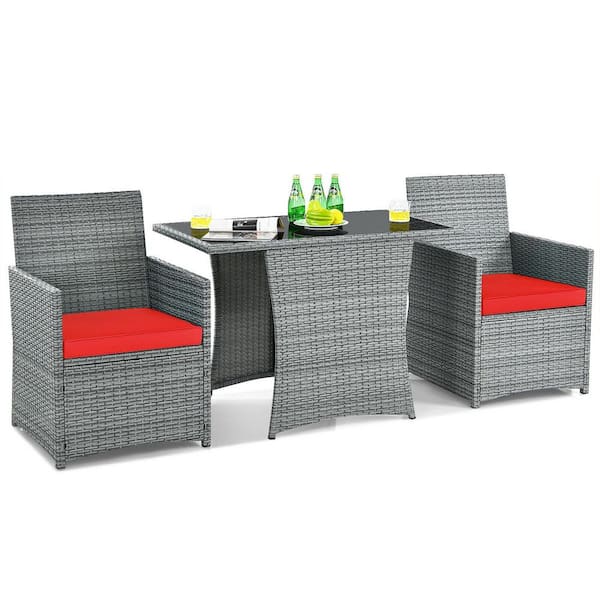 SUNRINX 3-Pieces Patio Rattan Furniture Set with Cushioned Armrest Sofa-Red