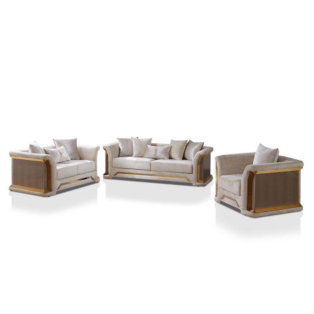 A full view of the 3-piece metallic taupe and gold living room set.