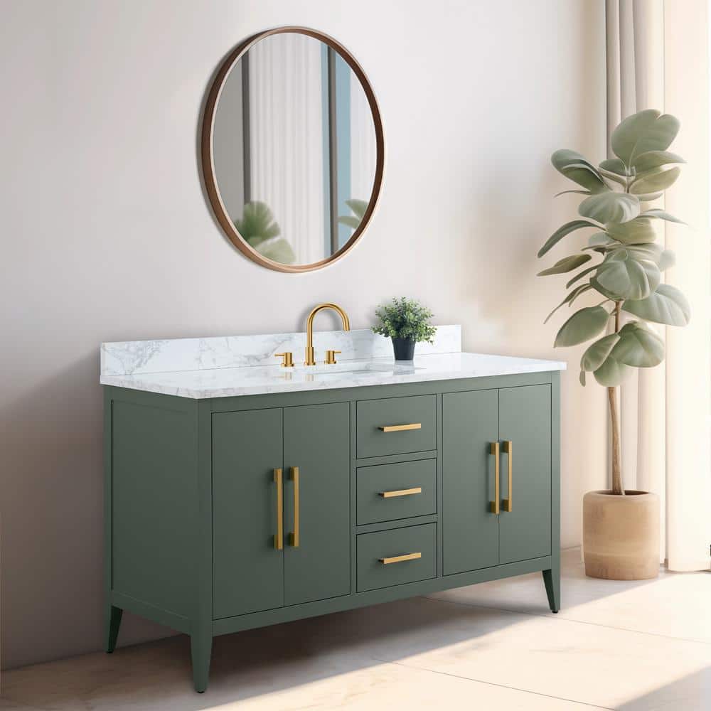 Vintage Green 60" Poplar Wood Single Sink Bathroom Vanity with Engineered Marble Countertop
