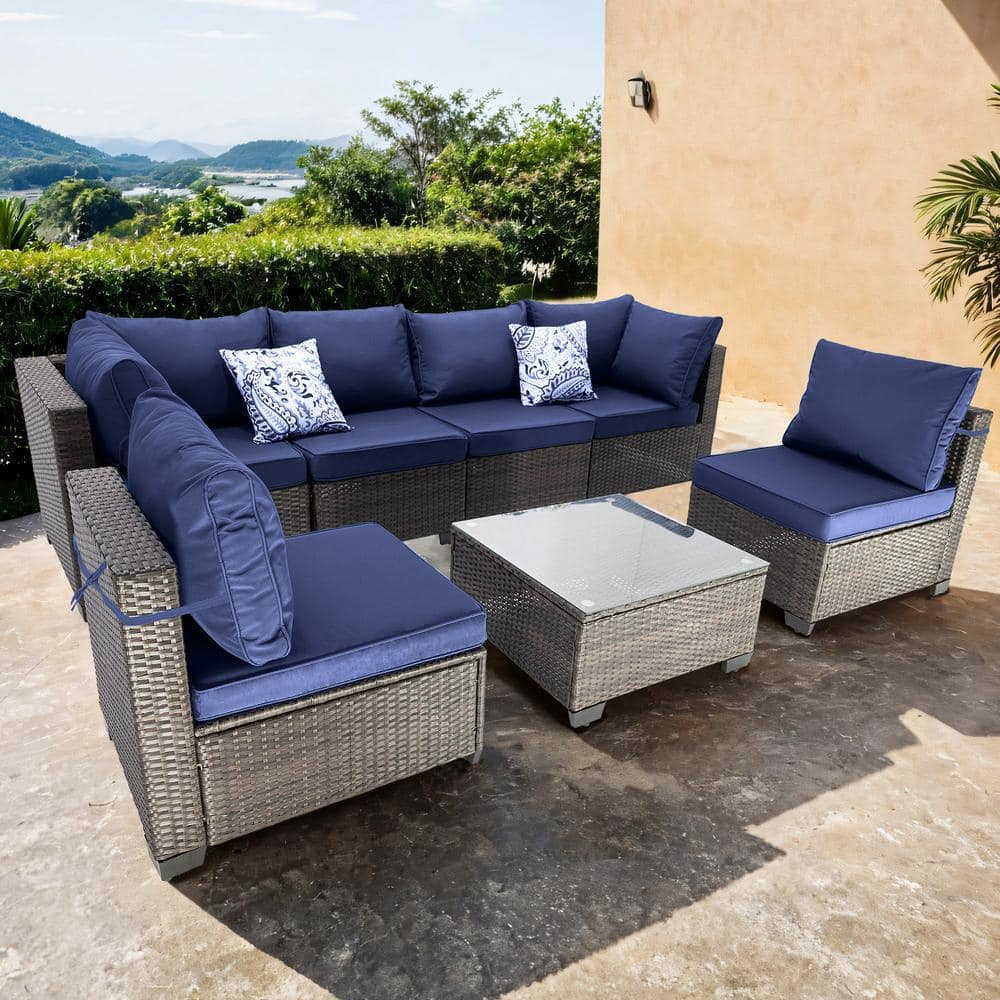 7-Piece Brown Handwoven Rattan Wicker Outdoor Patio Sectional Sofa Set with