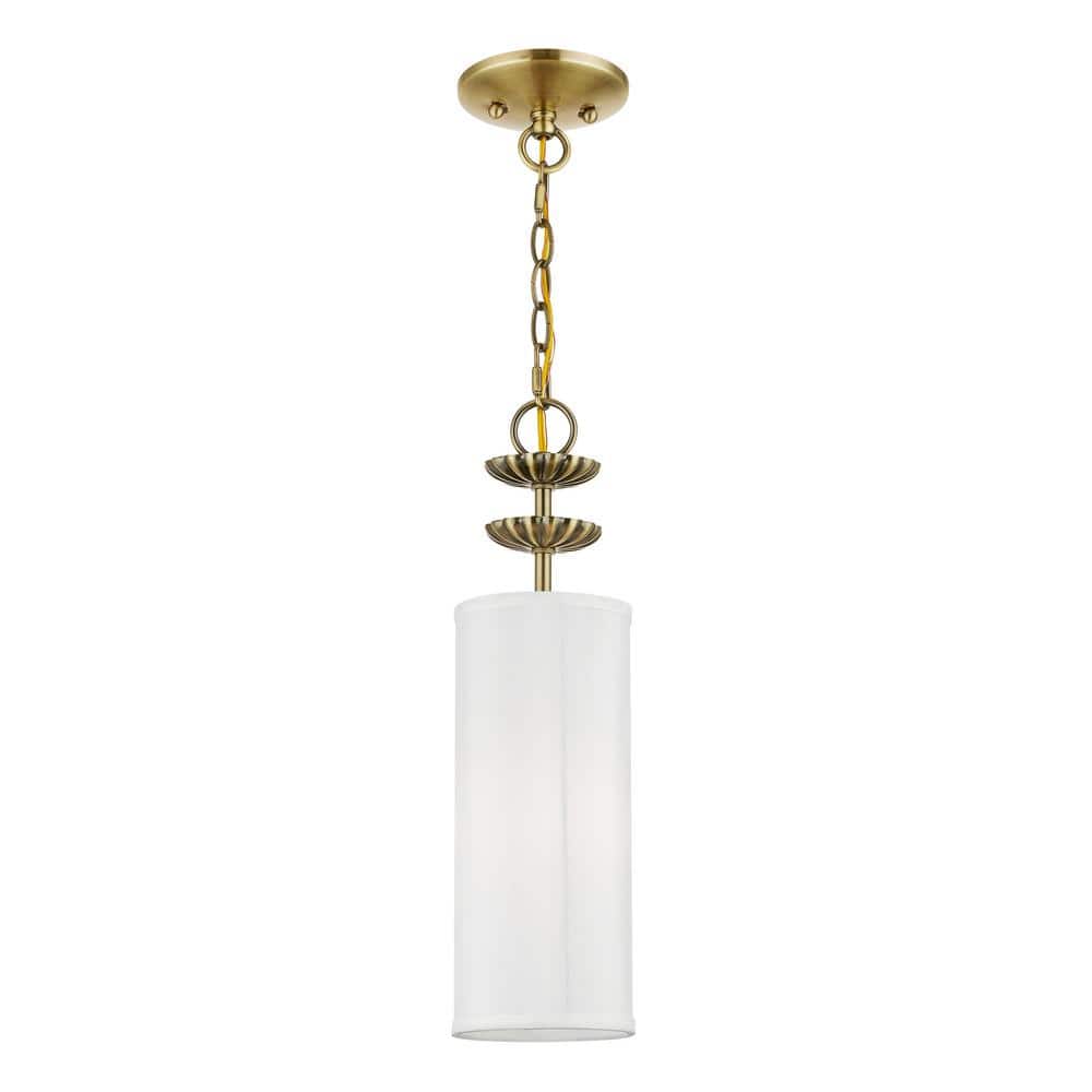 Antique Brass Floral Mini Pendant with Off-White Drum Shade