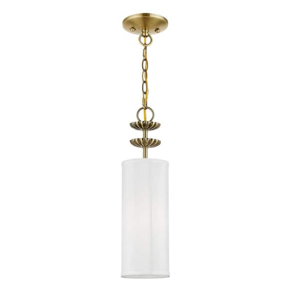 Dunnhaven 1-Light Antique Brass Mini Pendant with Off-White Fabric Shade