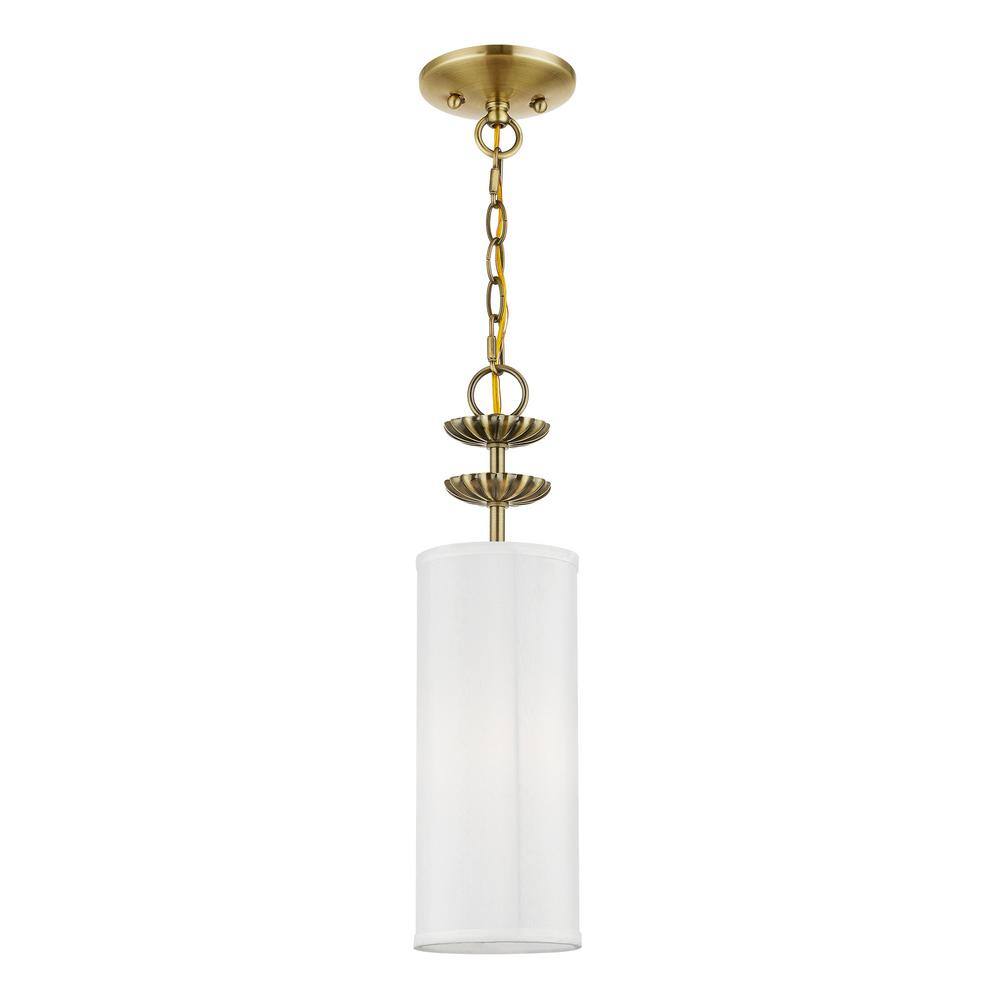 Antique Brass Floral Mini Pendant with Off-White Drum Shade