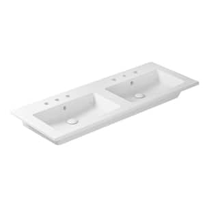 Drop 121 DBL 47.6" Drop-in Bathroom Sink in Glossy White Ceramic with Three Faucet Holes