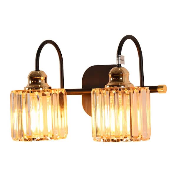 14.25 in. 2 Light Matte Black Bathroom Vanity Light with Crystal Shades