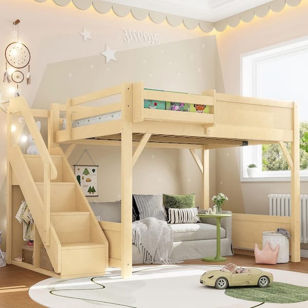 Yellow/Natural Wood Full Wood Loft Bed with Built-in Wardrobe and Storage Space, Beside Shelves
