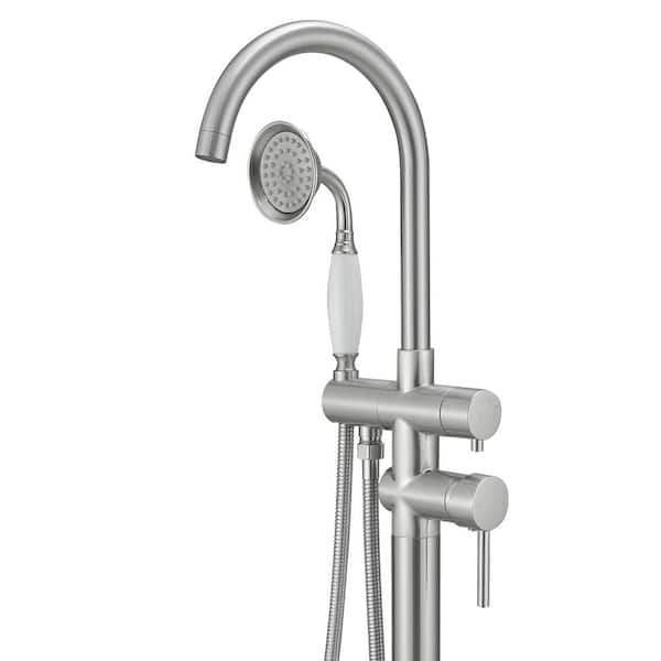 BWE 2-Handle Floor Mount Roman Tub Faucet with Hand Shower in Brushed Nickel
