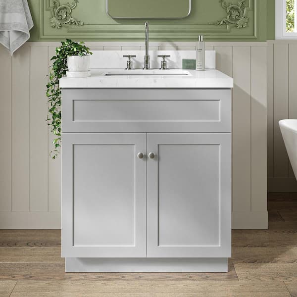ARIEL Hamlet 30 in. W x 22 in. D x 36 in. H Single Sink Freestanding Bath Vanity in Grey with Carrara White Quartz Top