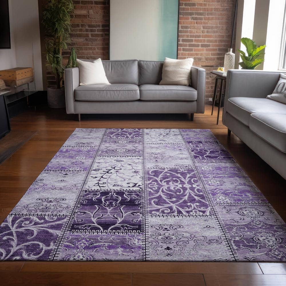 Purple Rectangular Machine-Washable Synthetic Area Rug