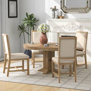 Farmhouse 5-Piece Natural Wood Wash Wood Top Extendable Round Dining Table Set with 4-Upholstered Chairs