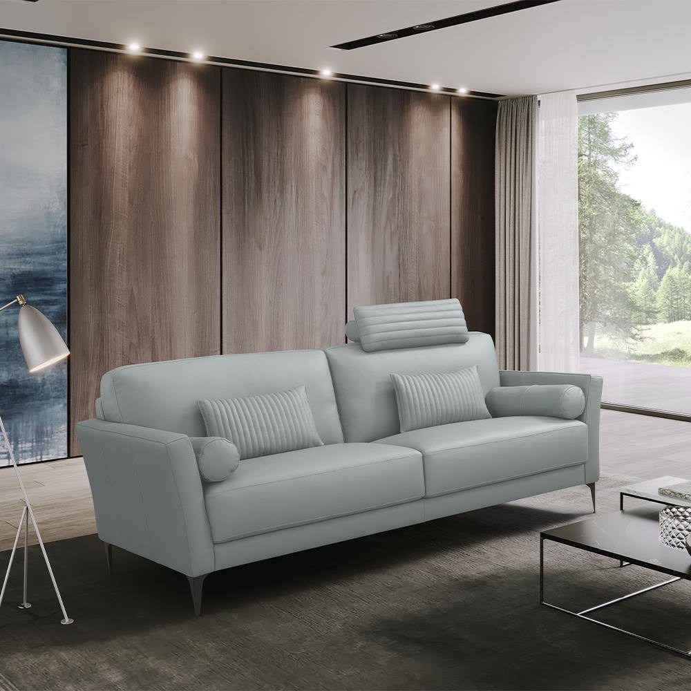 Watery Leather Sofa with Flared Arms and Pillows