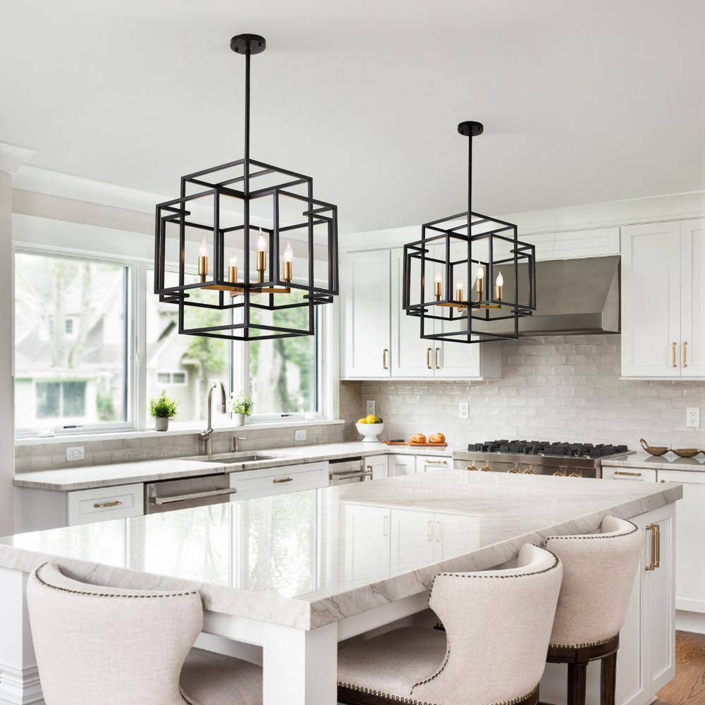 Black and Gold Metal Lantern Chandelier with Candle Bulbs