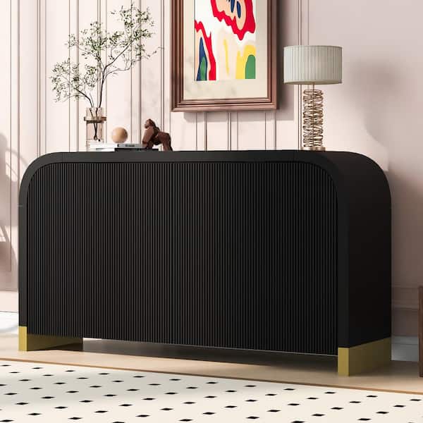 Harper & Bright Designs Curved Design Black Wood 59.8 in. Sideboard with Adjustable Shelves and 4 Wavy Door