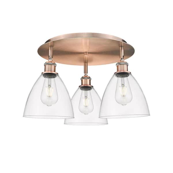 Bristol Glass 19.25 in. 3-Light Antique Copper Industrial Flush Mount with Clear Glass Shade