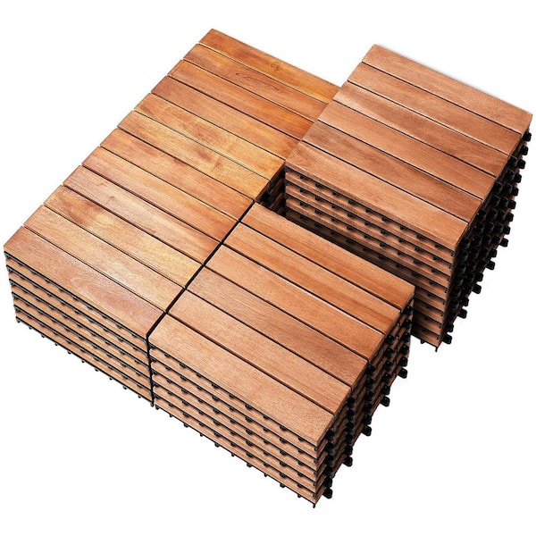 ATENGNES Outdoor Patio Waterproof 6-Slat 12 in. x 12 in. Eucalyptus Interlocking Deck Tile (Set of 10-Tiles)
