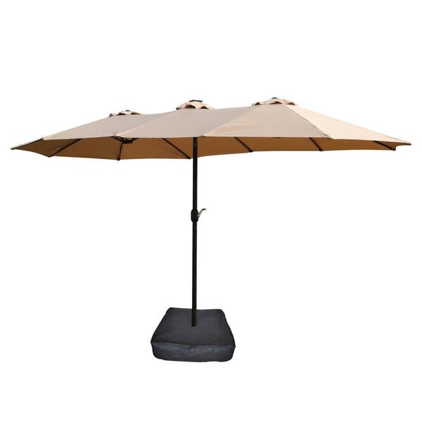 Unbranded 15 x 9 ft. Market Patio Umbrella, Large Double-Sided Rectangular Twin Patio Umbrella with Light and Base in Beige