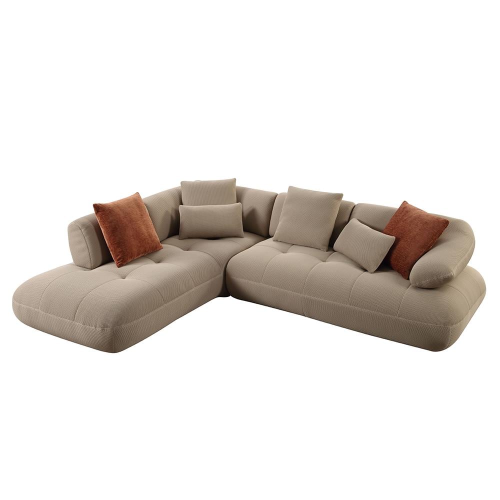 Beige Tufted Fabric Two Piece Sectional Sofa with 6 Pillows