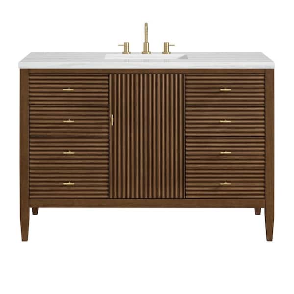 James Martin Vanities Myrrin 48.0 in. W x 23.5 in. D x 34.06 in. H Single Bathroom Vanity Mid-Century Walnut and Arctic Fall Solid Surface Top