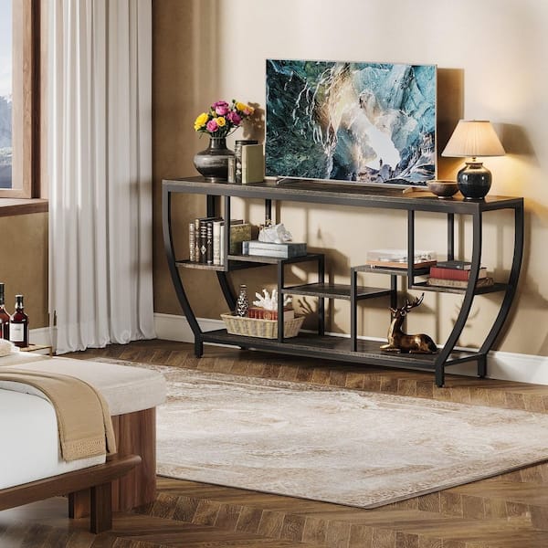 Ezlynn 70.9 in. Dark Gray Wood TV Stand Fits TVs Up to 55 to 80 in. with Open Storage Shelves Living Room Bedroom Home