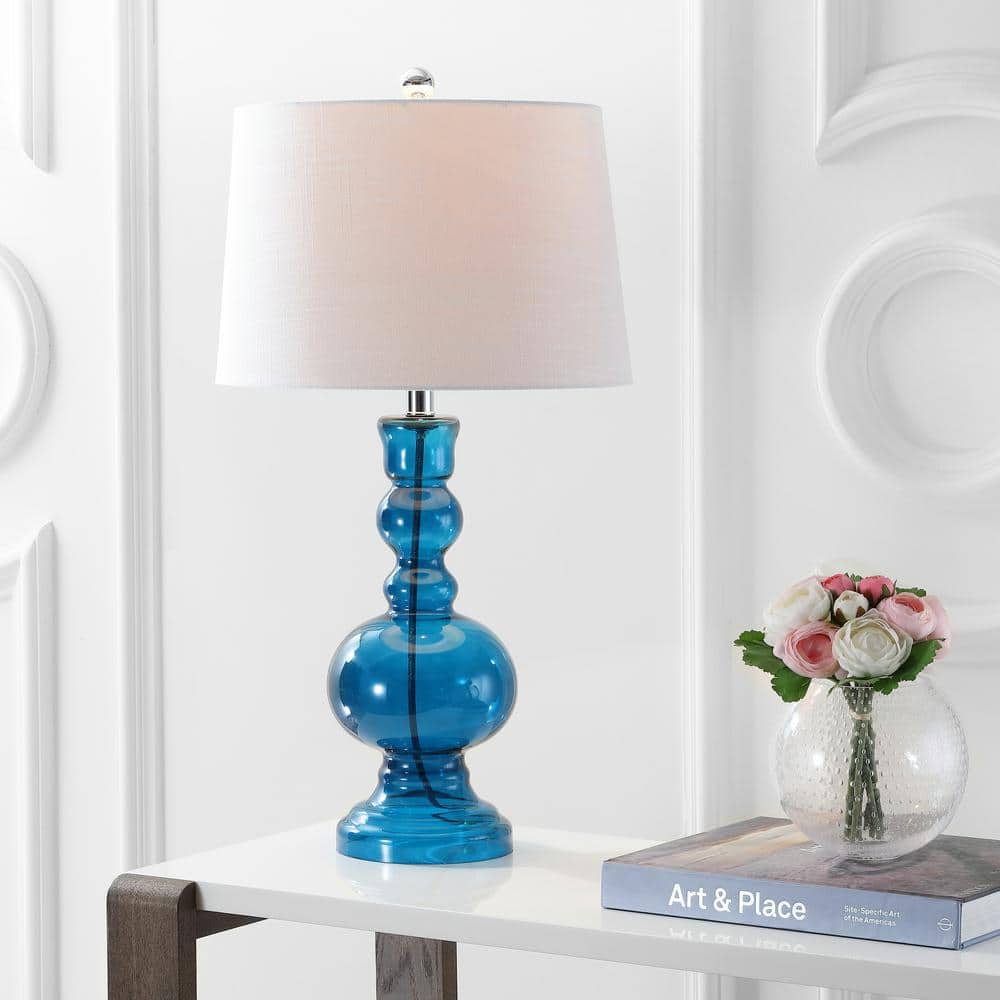 Genie Glass 28.5" Night Blue and White Table Lamp Set with Linen Shade