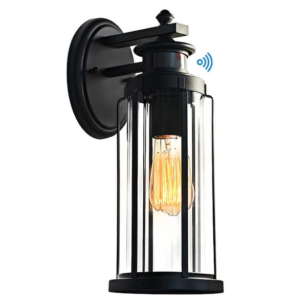C Cattleya Black Motion Sensing Dusk to Dawn Hardwired Outdoor Wall Lantern Scone with Striped Glass and Bulb Included