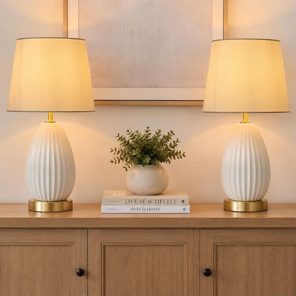 18 in. Modern White Ceramic/Iron Table Lamp for Living Room with Natural Linen Shade, Set of 2