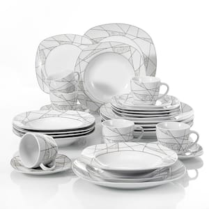 Series Serena 30-Piece White Porcelain Dinnerware sets of 6-Cups Saucers, 6-Dessert/Soup/ Dinner Plates (Service for 6)