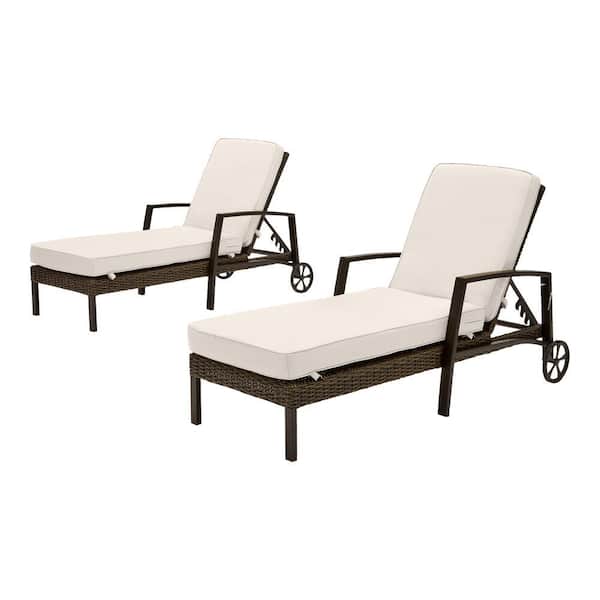 Hampton Bay Whitfield Dark Brown Wicker Outdoor Patio Chaise Lounge with CushionGuard Almond Tan Cushions (2-Pack)