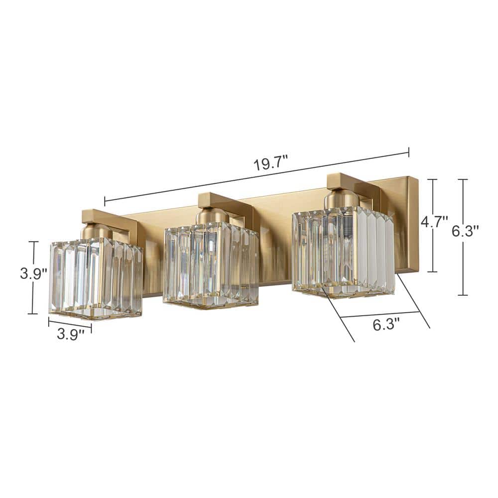 Gold Crystal 3-Light Bathroom Vanity Fixture with Square Shades
