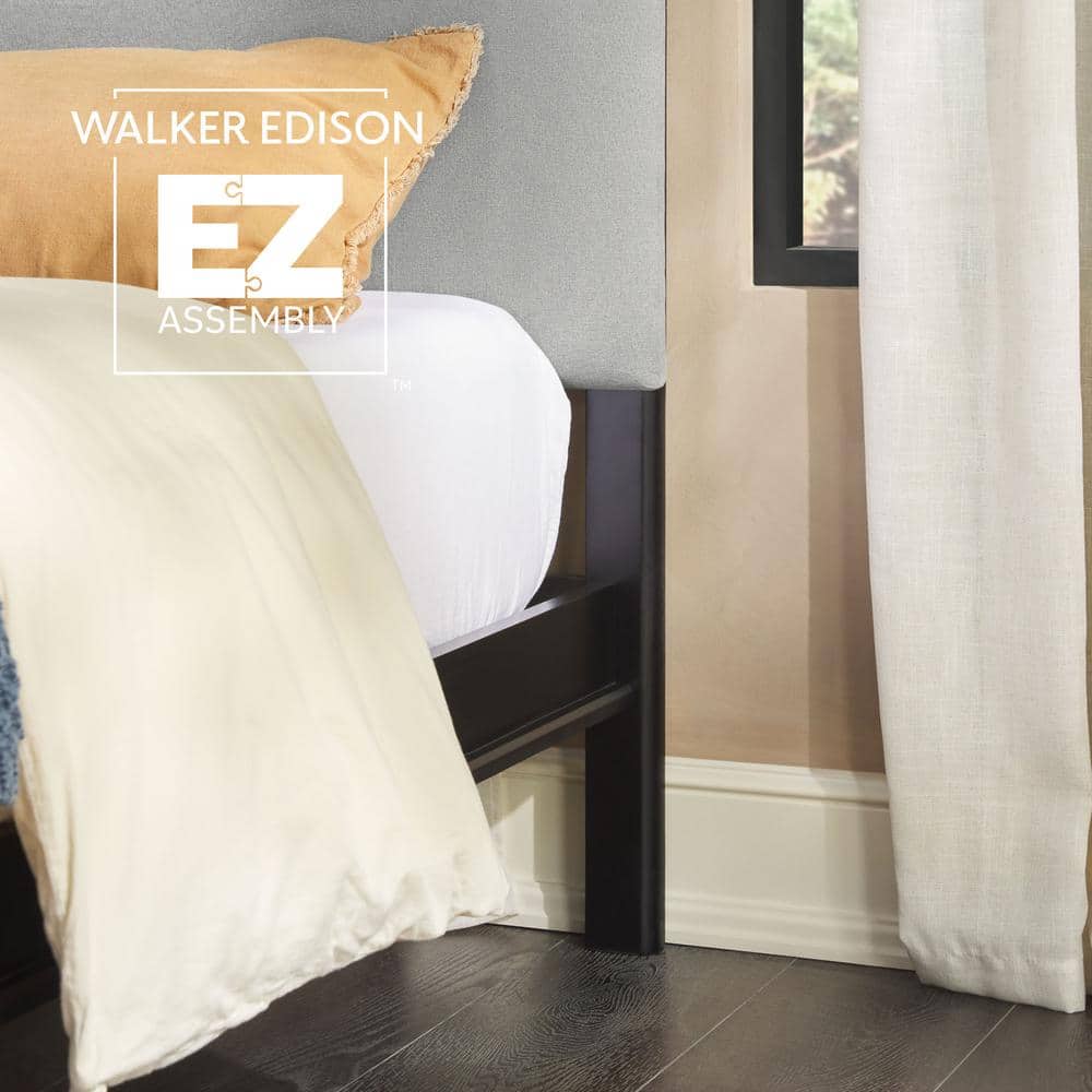 Contemporary Black Pine Wood King Bed with Gray Upholstered Headboard