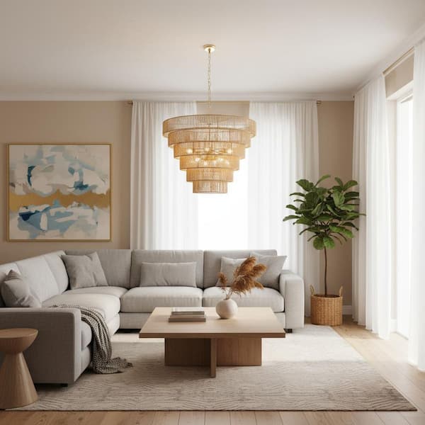 70 in. Farmhouse Gold 12-Light Boho Chandelier with 5-Tier Rattan Shades for Living Room Kitchen, Bulbs Not Included