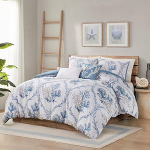 Pismo Beach 5-Piece Blue/White Cotton Full/Queen Duvet Cover Set with Throw Pillows