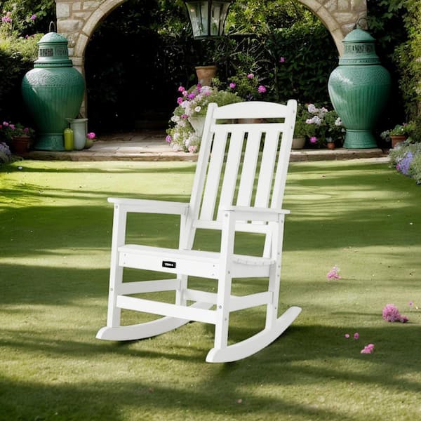 TenKa White HDPE Plastic Patio Outdoor Rocking Chair All Weather Resistant Porch Rocker for Lawn Garden (1-Pack)