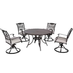 Merlot 5-Piece Cast Aluminum Outdoor Dining Set with Round Umbrella Table, Swivel Metal Chairs with Beige Cushions
